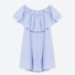 Zara Striped Off-The-Shoulder Blue and White Dress